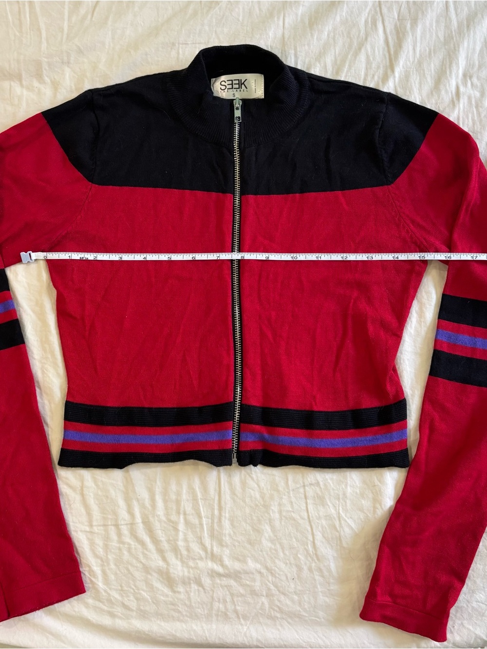 SEEK the Label Red and Black Zip-Front Women's Sweater Cardigan Size S